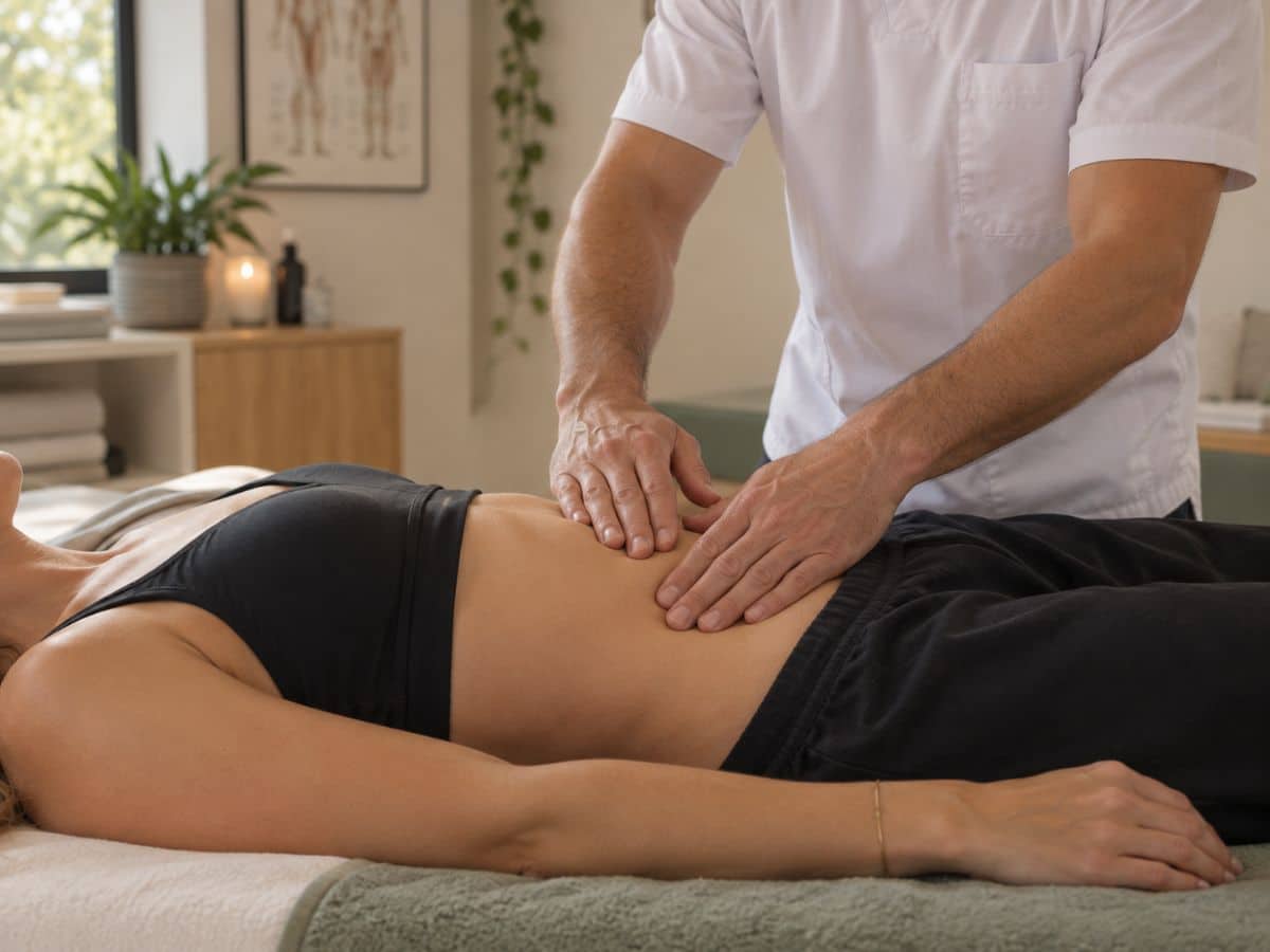 Ostéopathe apaisant les troubles digestifs d’une femme par des gestes doux à La Seyne-sur-Mer Ostéopathe apaisant les troubles digestifs d'une femme par des gestes doux à La Seyne-sur-Mer